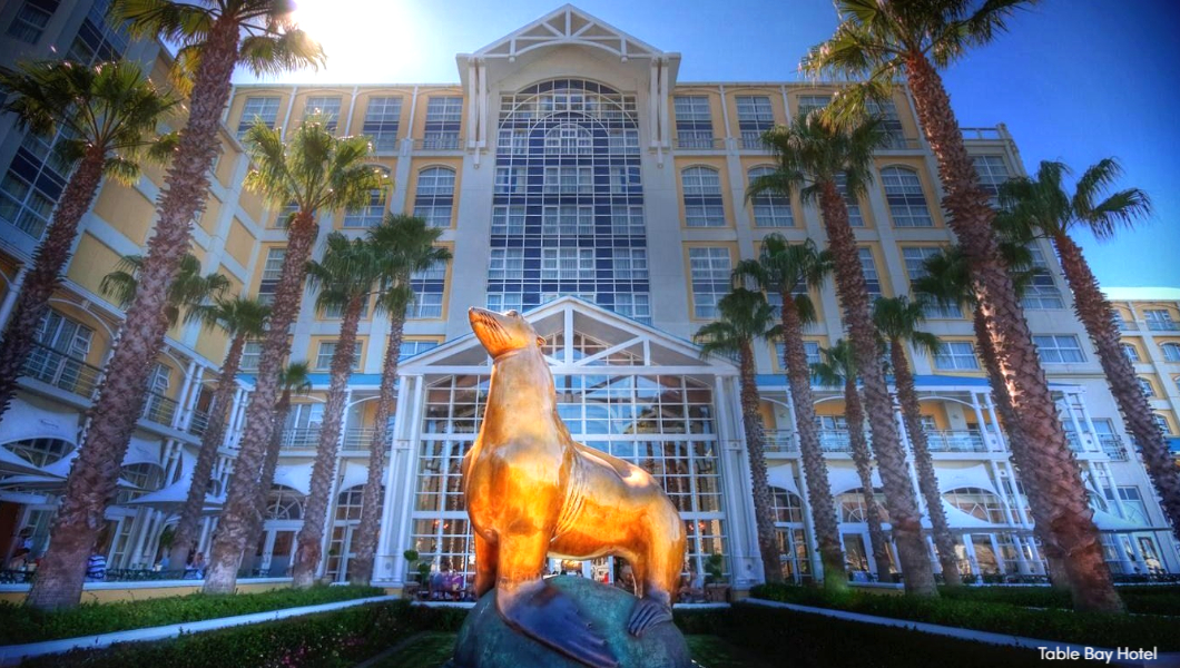 Exterior view of The Table Bay Hotel with Oscar in the foreground