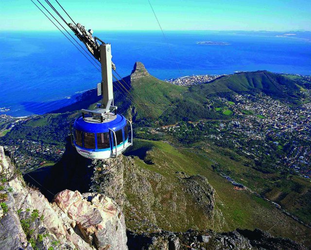 A cable car going to the top of Table Mountain in Cape Town, South Africa